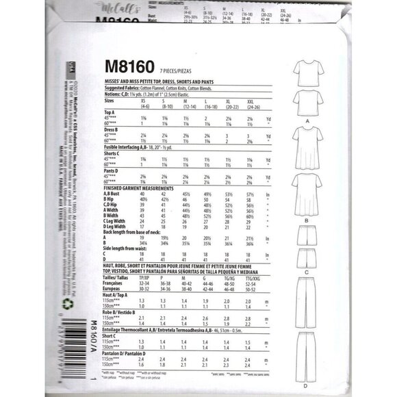 McCall's M8160 Misses XS to XXL Top, Shorts and Dress Uncut Sewing Pattern - Picture 2 of 2